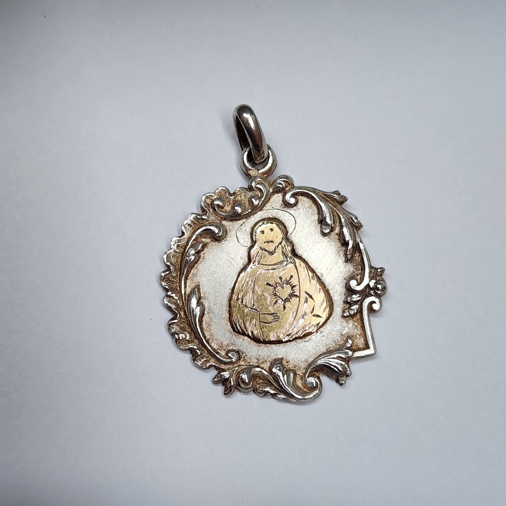 Antique Silver Catholic Sacred Heart Medal Fob Gold Wash 6 g